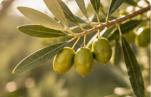 Olivas y hojas de olivo, origen natural del aceite
